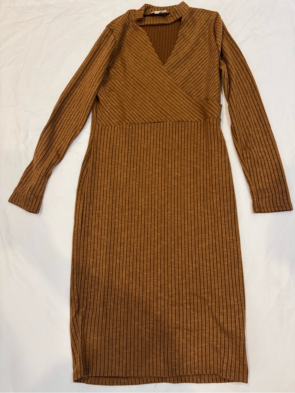 Ribbed Wrap-Style Long Sleeve Dress in Brown